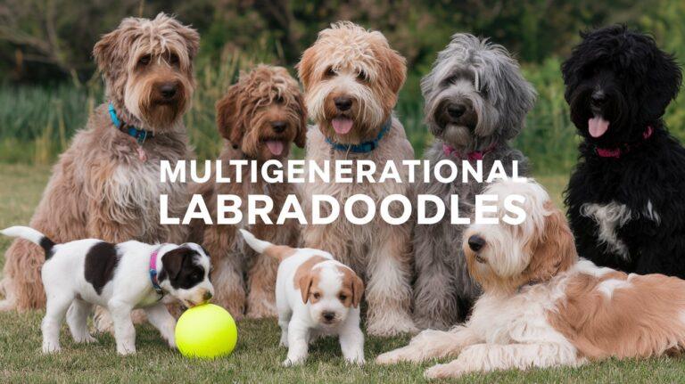 Professional photo composition of Labradoodle dogs with modern text overlay about multigenerational breeding guide