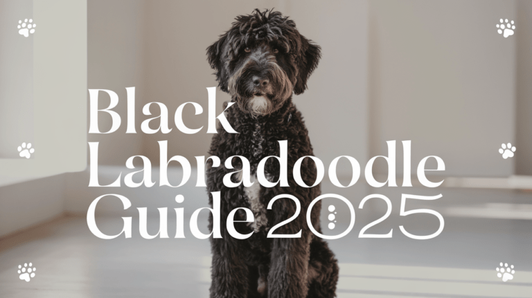 Black Labradoodle sitting centered with text overlay about guide for 2025