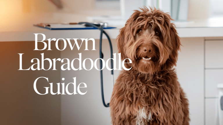 Brown Labradoodle sitting in veterinary office with guide title text overlay
