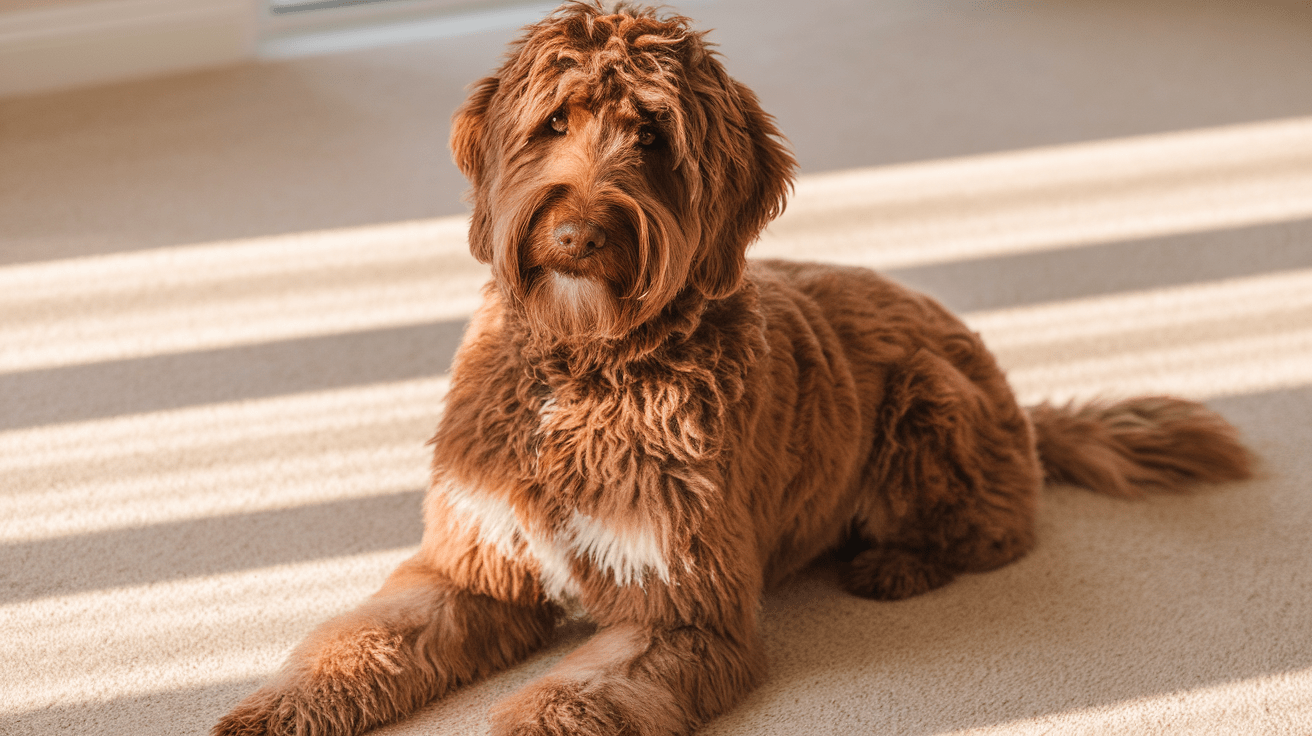 Brown labradoodle with wavy chocolate-colored coat sitting in a sunlit room