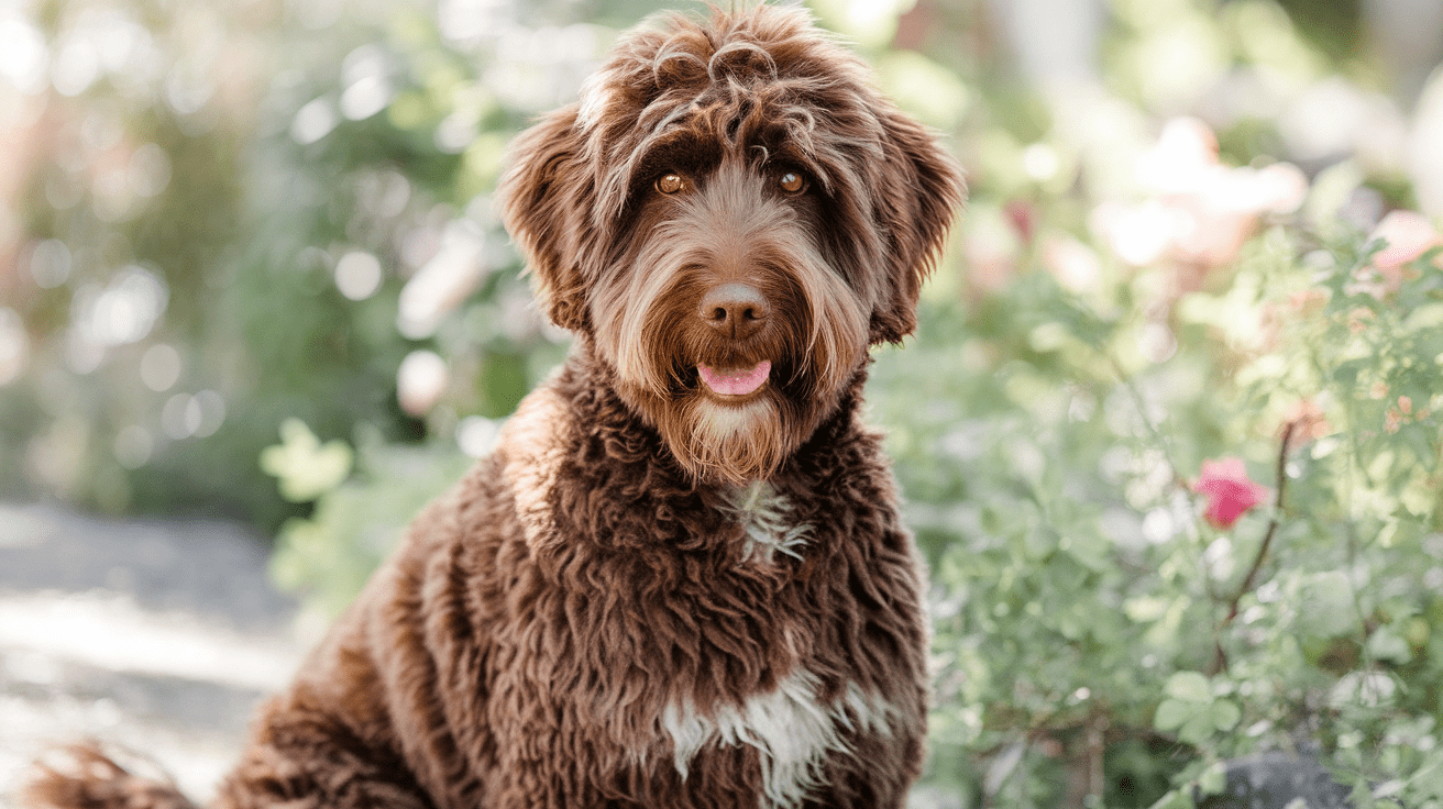 Brown Labradoodle with wavy coat sitting in a garden setting