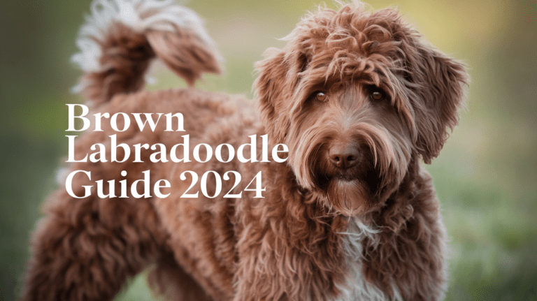 Brown Labradoodle sitting attentively with text overlay about 2024 guide