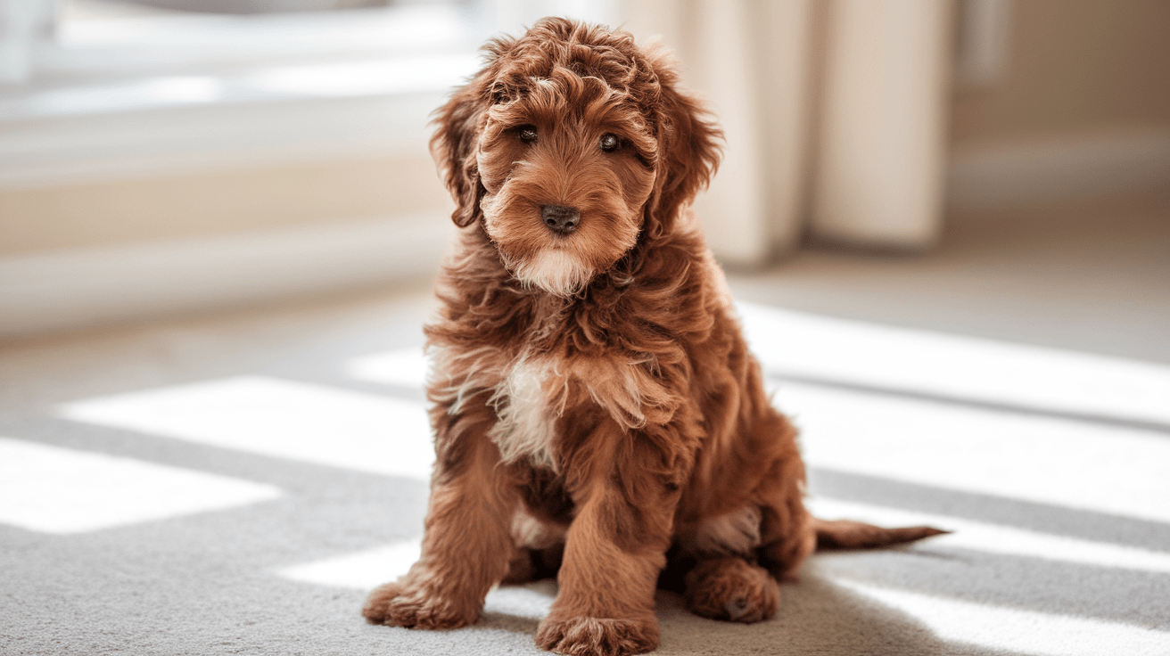 Brown Labradoodle puppy sitting attentively in a home setting