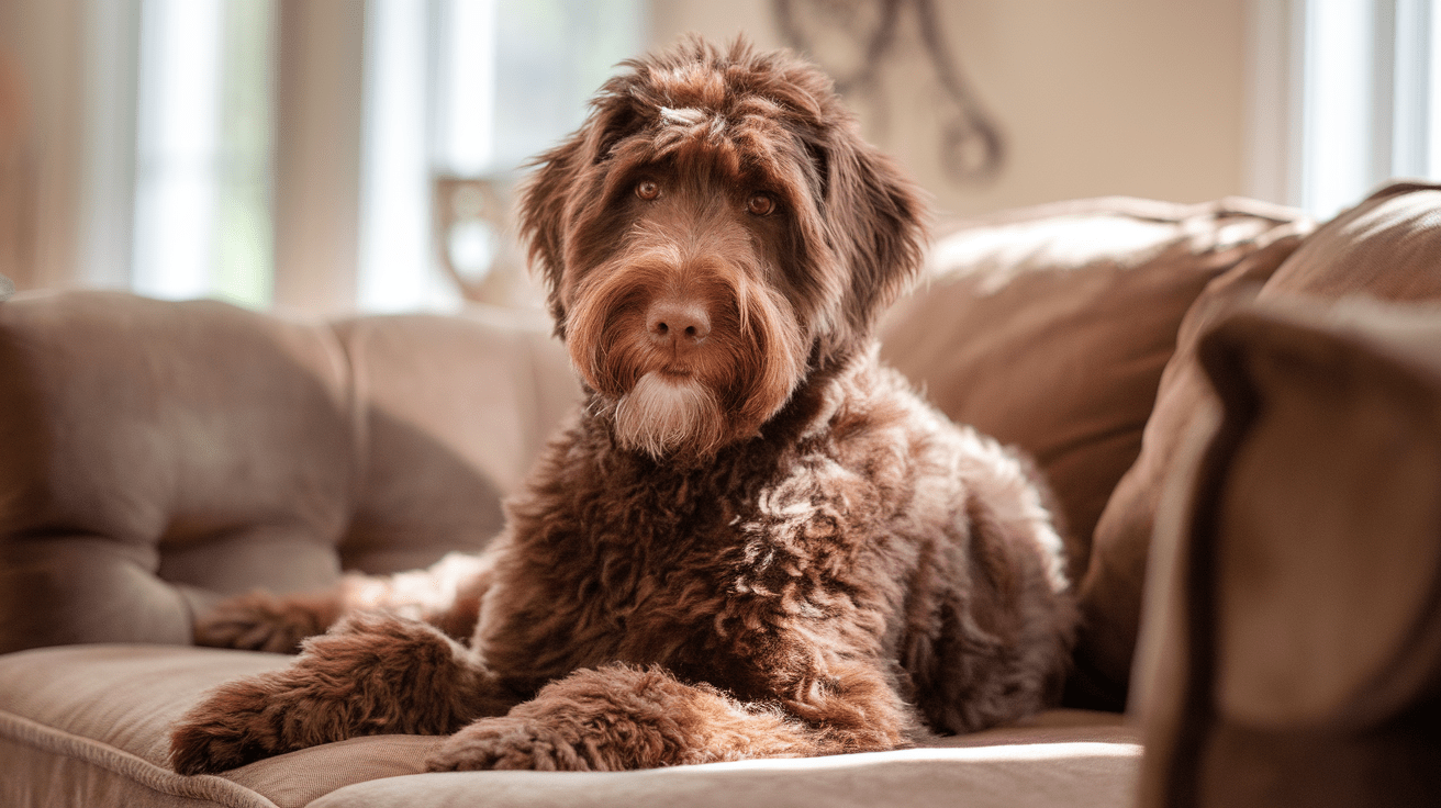 Brown Labradoodle relaxing on a couch in a sunlit living room