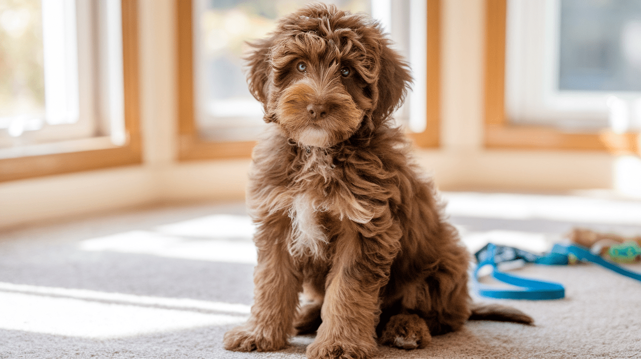 Brown Labradoodle puppy sitting attentively in a home setting