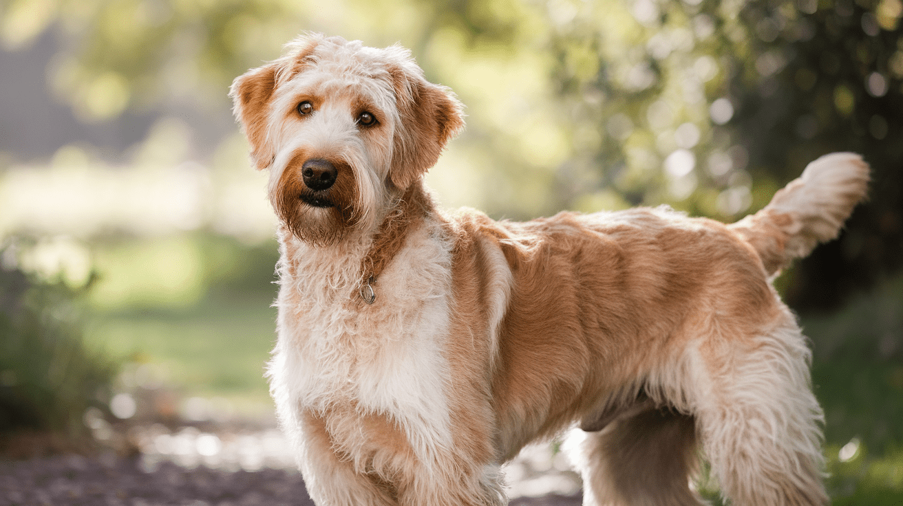 F1 Labradoodle with golden wavy coat standing in garden setting showing characteristic mixed features of Labrador and Poodle breeds