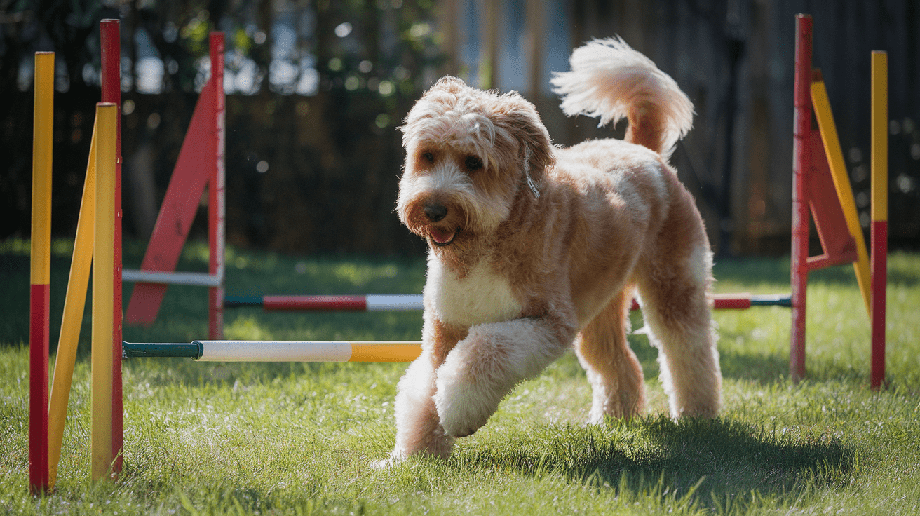 Labradoodle performing agility training in a backyard obstacle course