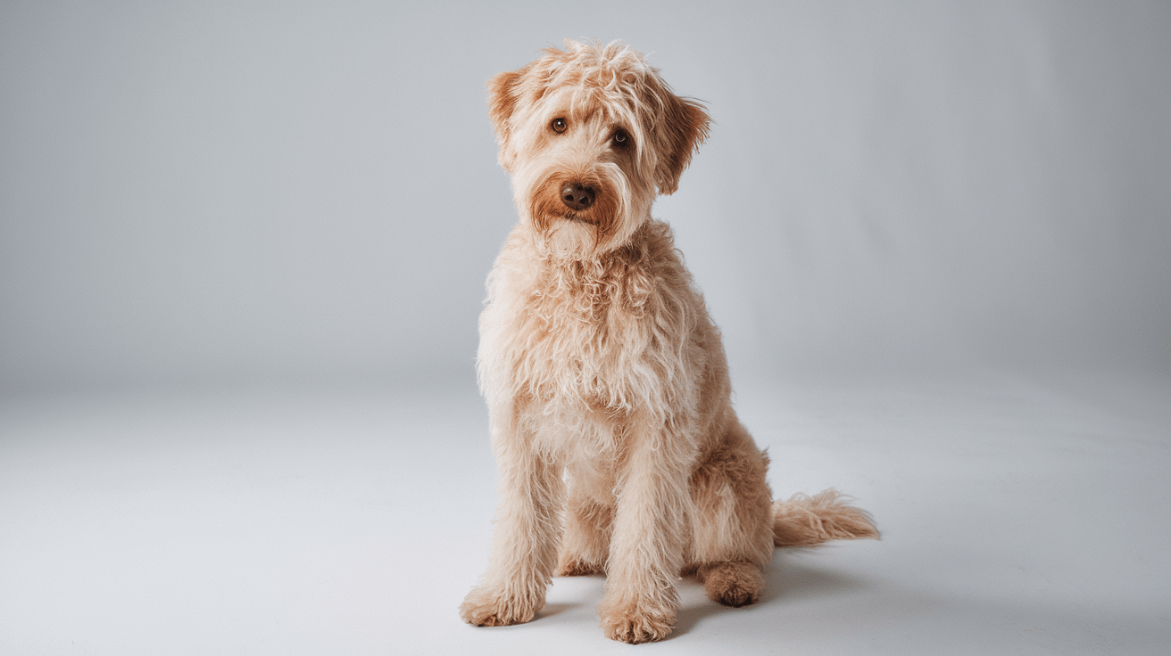 Living with a Labradoodle: A cream-colored Labradoodle sitting attentively with an intelligent expression
