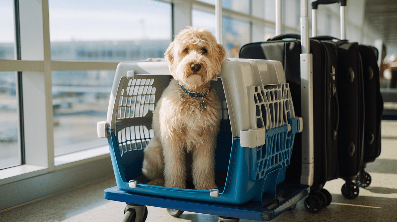 Labradoodle sitting calmly in an airline-approved pet carrier at airport terminal
