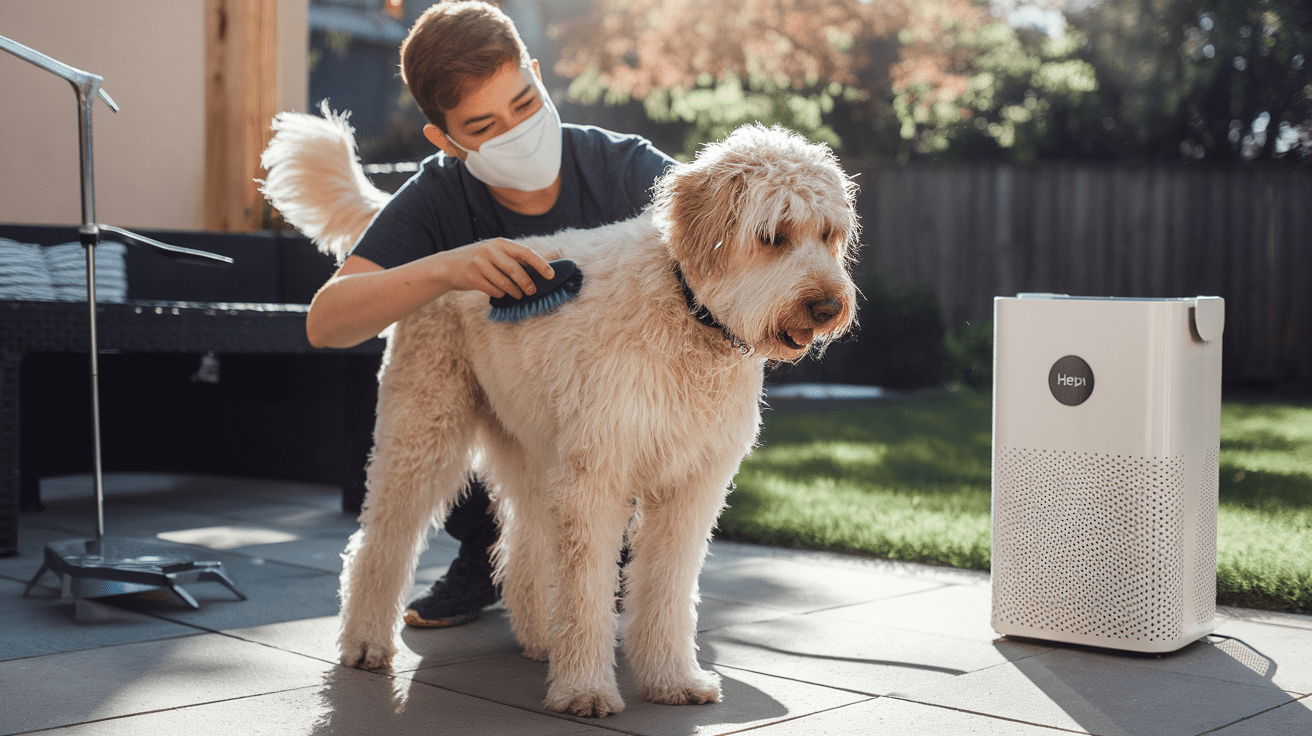 Person wearing allergy mask grooming a Labradoodle outdoors