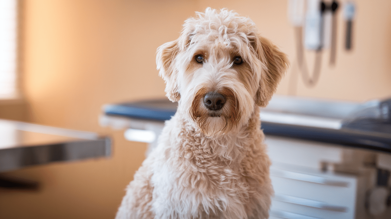 Close-up of a curly-coated Labradoodle in a veterinary examination room