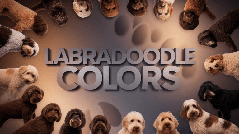 Title design showing 'Labradoodle Colors' surrounded by multiple Labradoodles of different colors and coat patterns