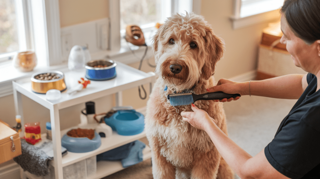 Owner grooming a Labradoodle with various pet care supplies visible in background