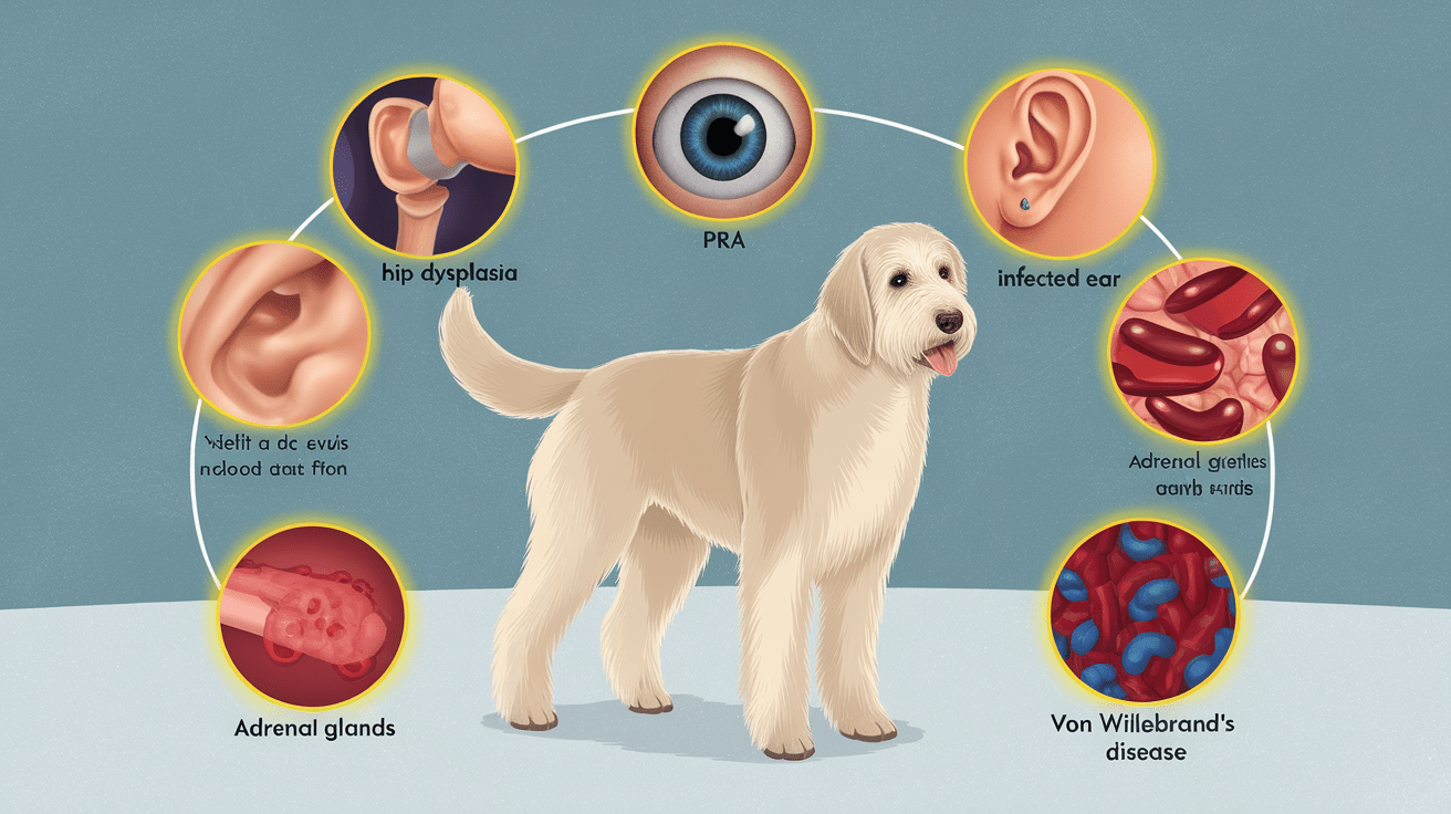 Medical illustration of a Labradoodle surrounded by five circular diagrams showing common health conditions: hip dysplasia, PRA, ear infections, Addison's disease, and von Willebrand's disease