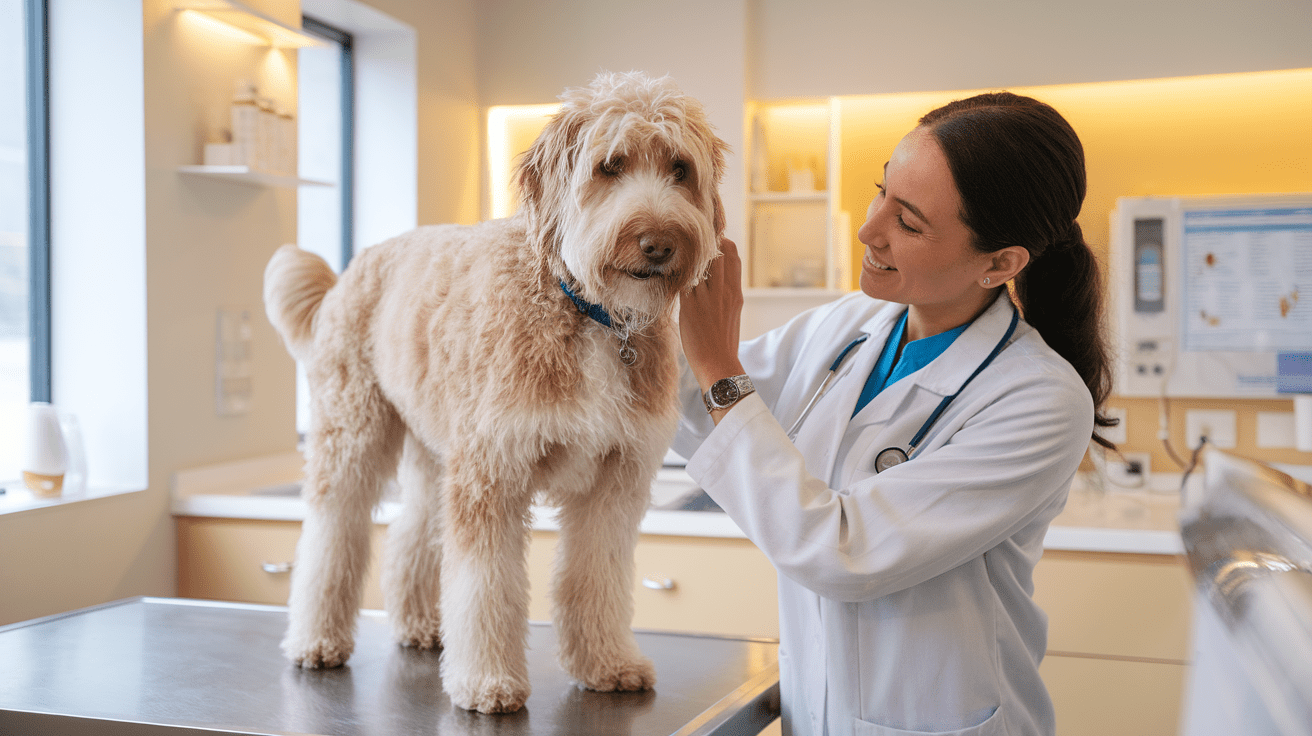 Veterinarian examining an F1 Labradoodle during a health checkup