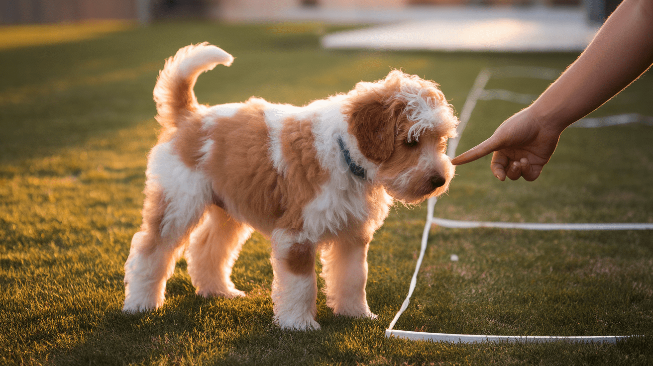 Labradoodle puppy learning house training basics with owner in backyard