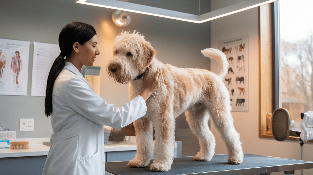 Are labradoodle dogs hypoallergenic - Veterinarian examining a cream-colored Labradoodle with curly wool coat in a clinical setting