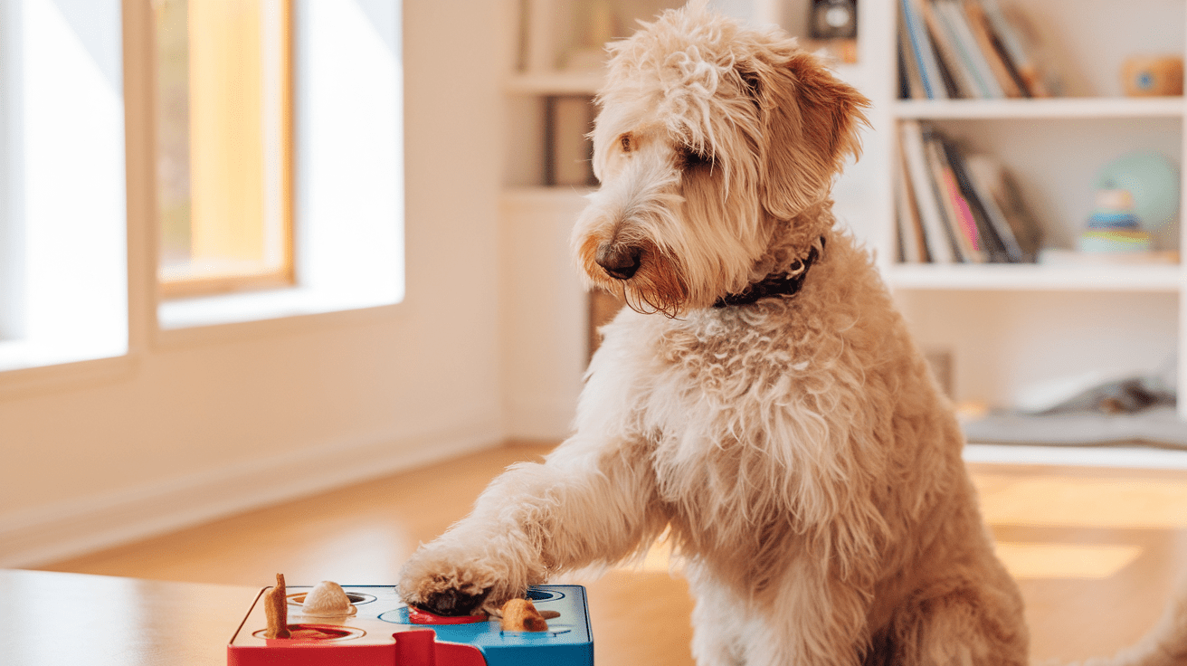 Are labradoodles smart? A focused Labradoodle solving an interactive puzzle toy, demonstrating the breed's intelligence and problem-solving abilities
