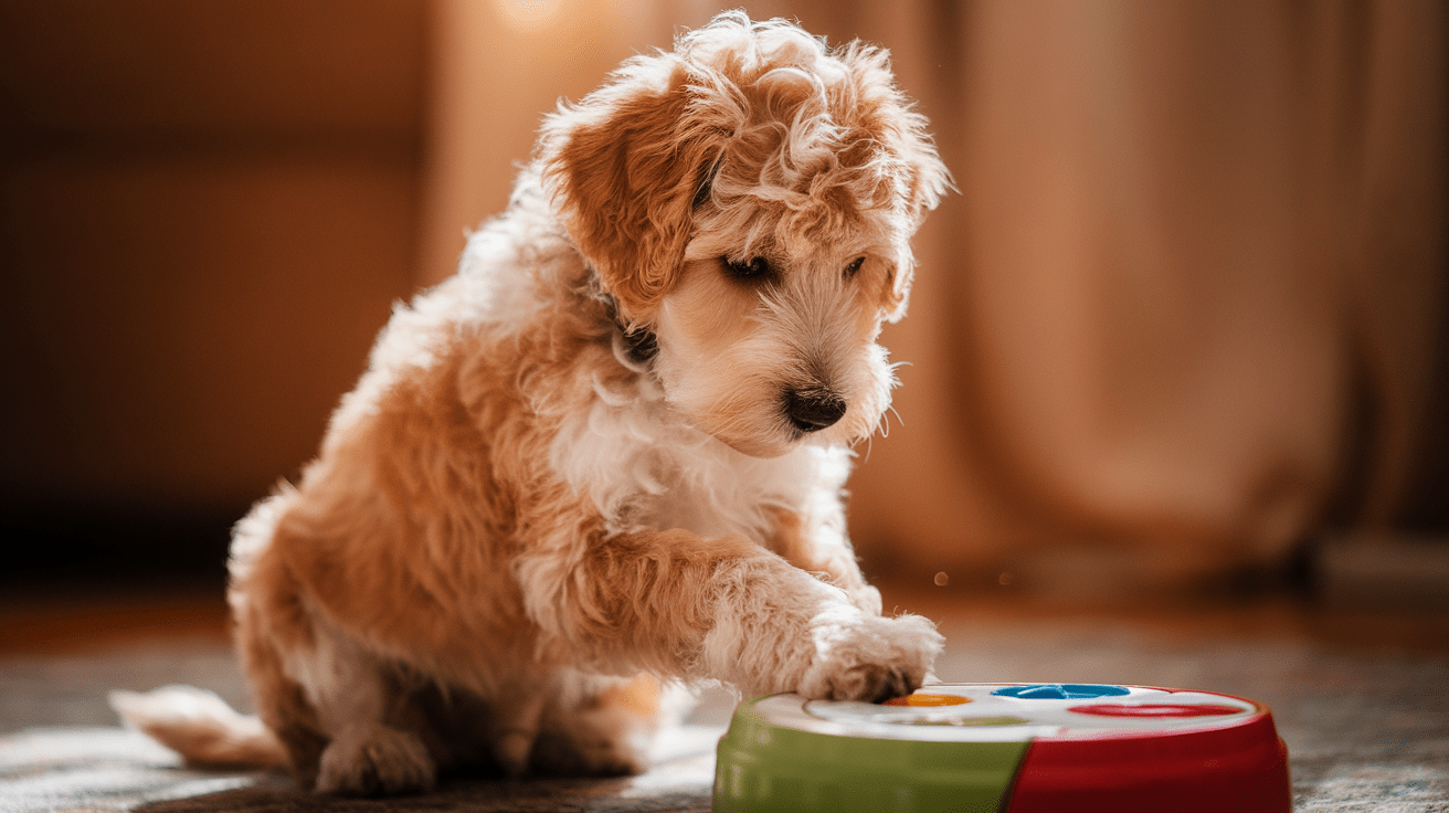 A cream-colored Labradoodle puppy solving a treat puzzle toy on the floor