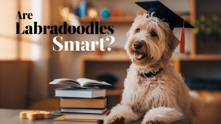 Intelligent-looking Labradoodle sitting in study setting with educational elements
