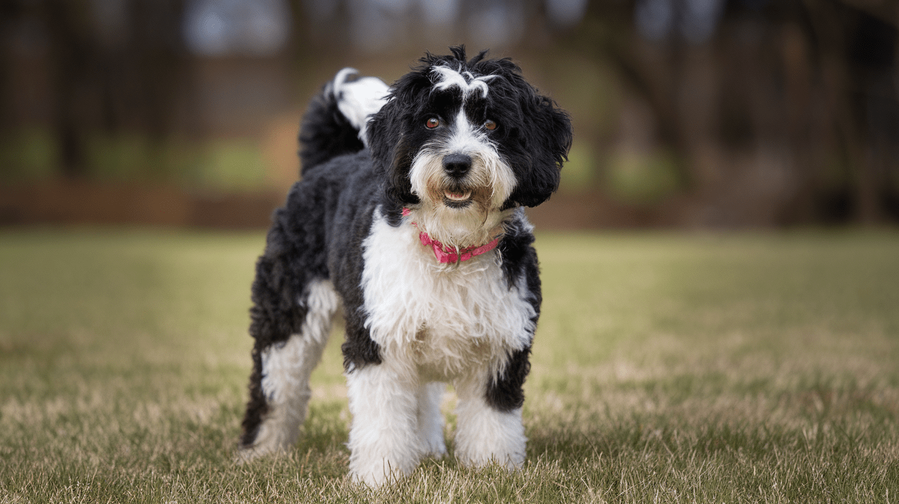 Three Labradoodles at different life stages - puppy, adult, and senior - in a cozy home setting