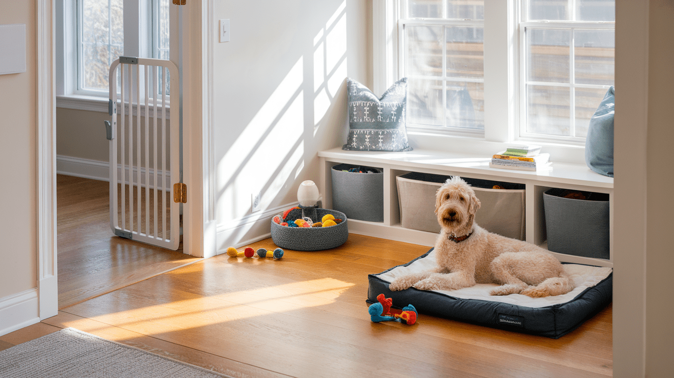 Labradoodle relaxing in a well-organized living room with dog supplies and toys