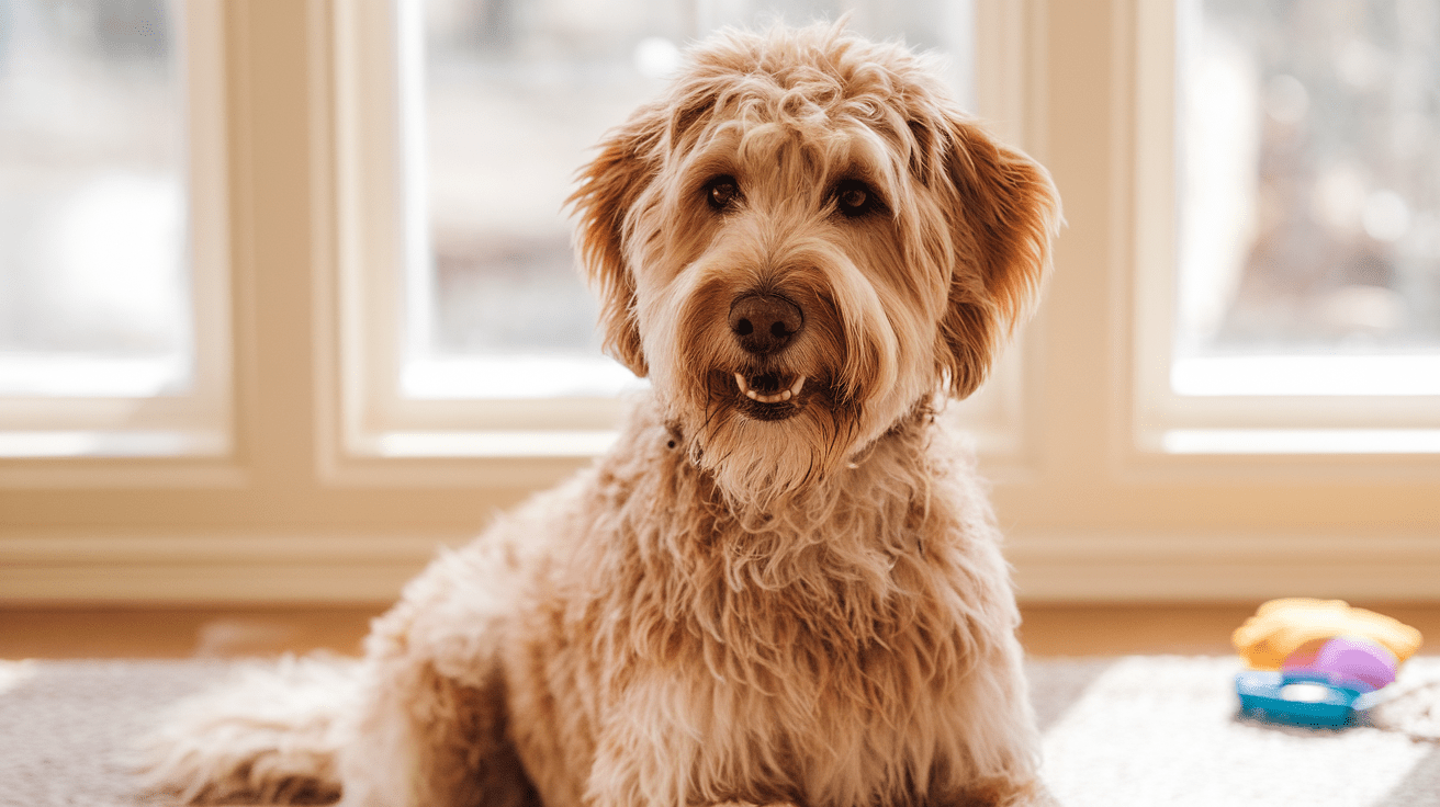 Friendly Labradoodle sitting attentively in a sunny living room
