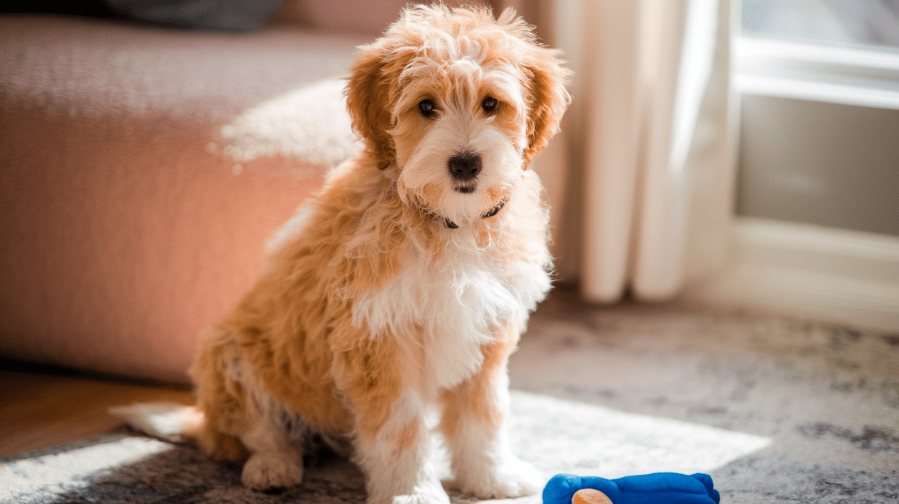 Cream-colored Labradoodle puppy sitting attentively in a sunny living room
