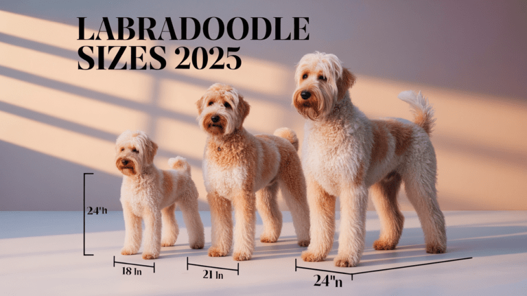 Three Labradoodles of different sizes standing in a row with text showing size guide information