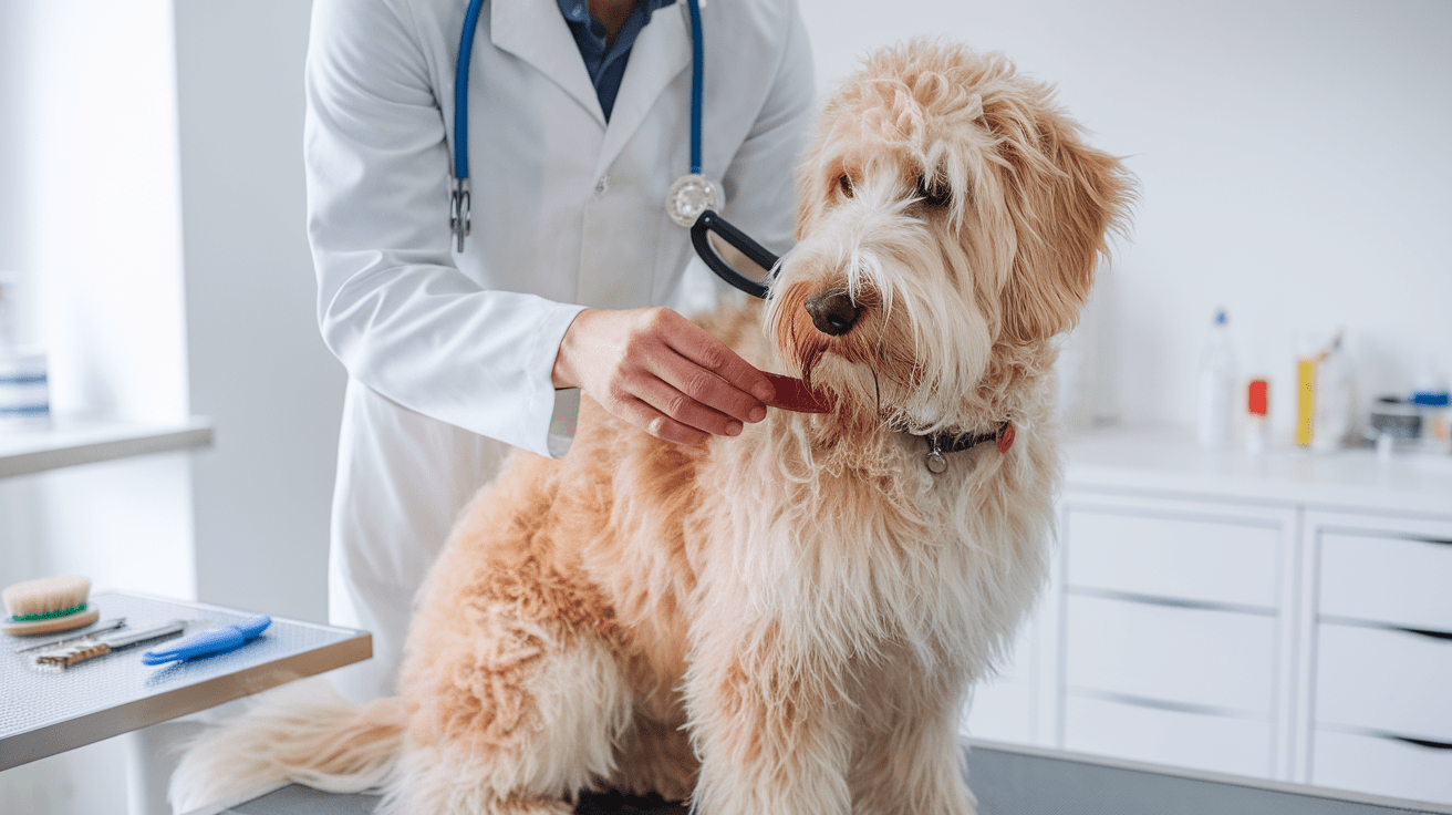 Veterinarian examining a Labradoodle's skin condition while the dog sits calmly on an examination table