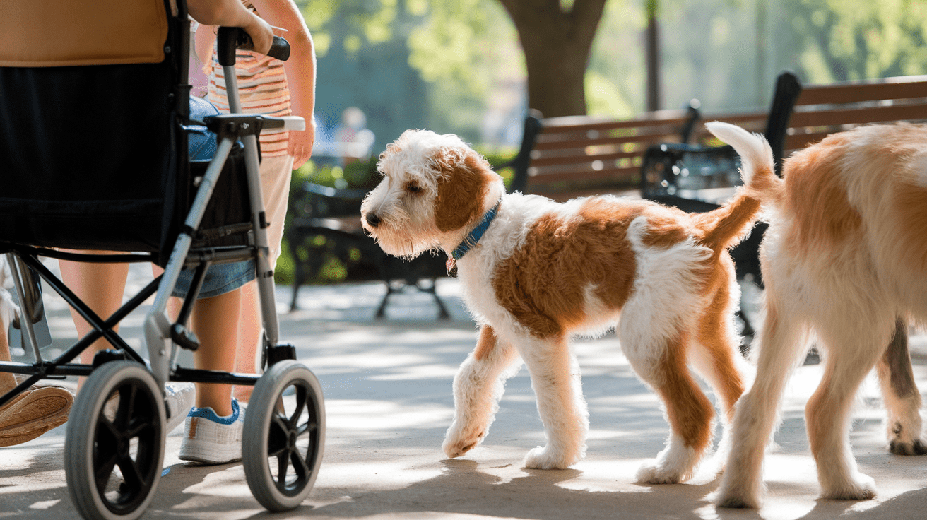 Labradoodle puppy socializing with people and another dog in a park