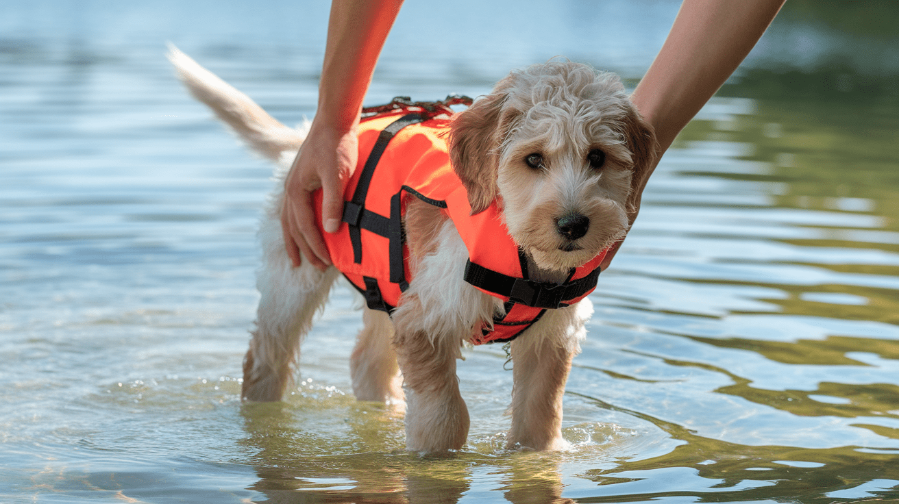 Labradoodle puppy wearing orange life jacket learning to swim with human assistance