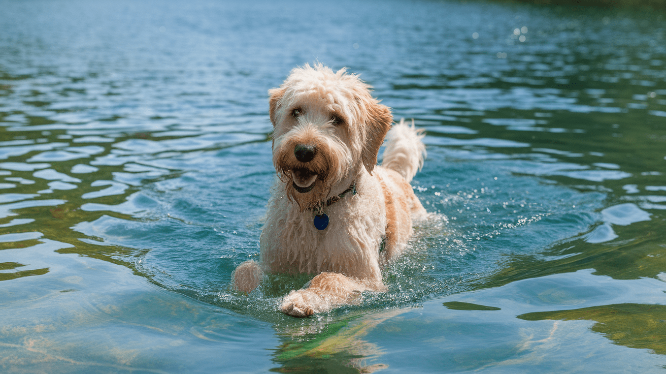 Labradoodle swimming confidently in a blue lake with a happy expression