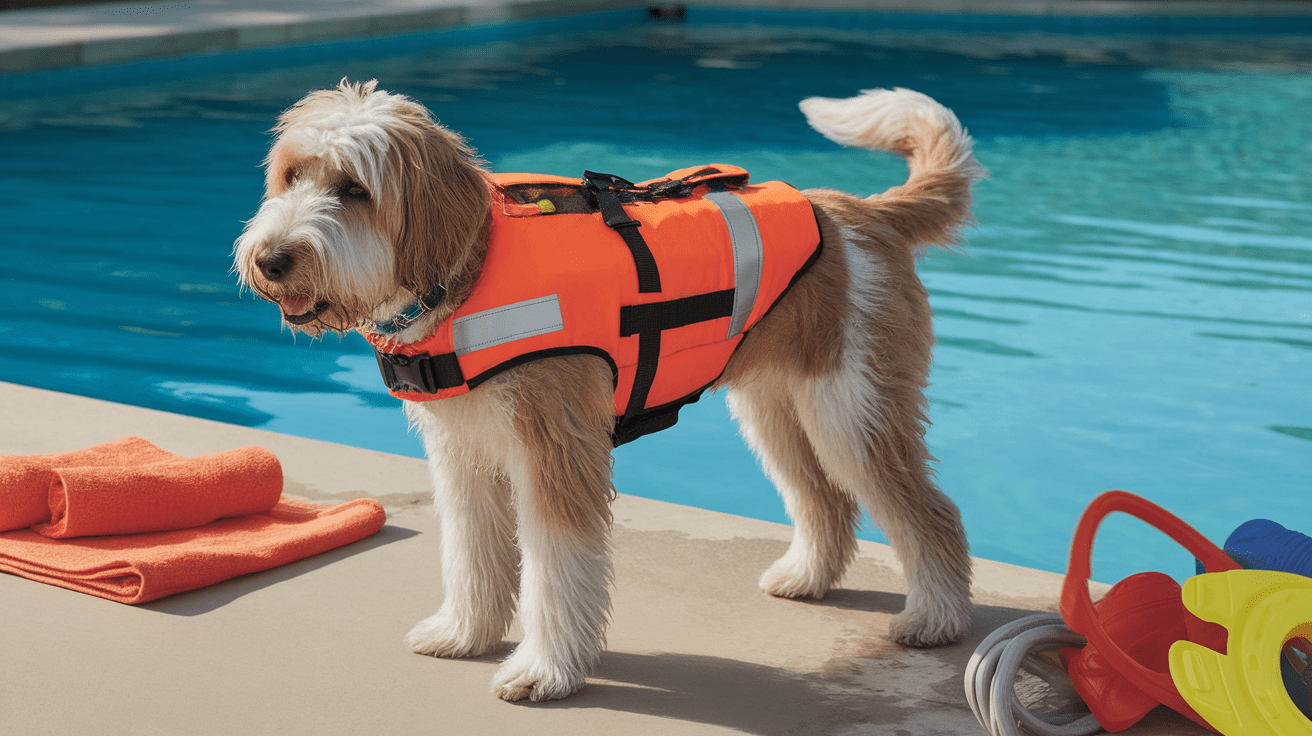 Labradoodle wearing a life jacket next to swimming area with safety equipment displayed