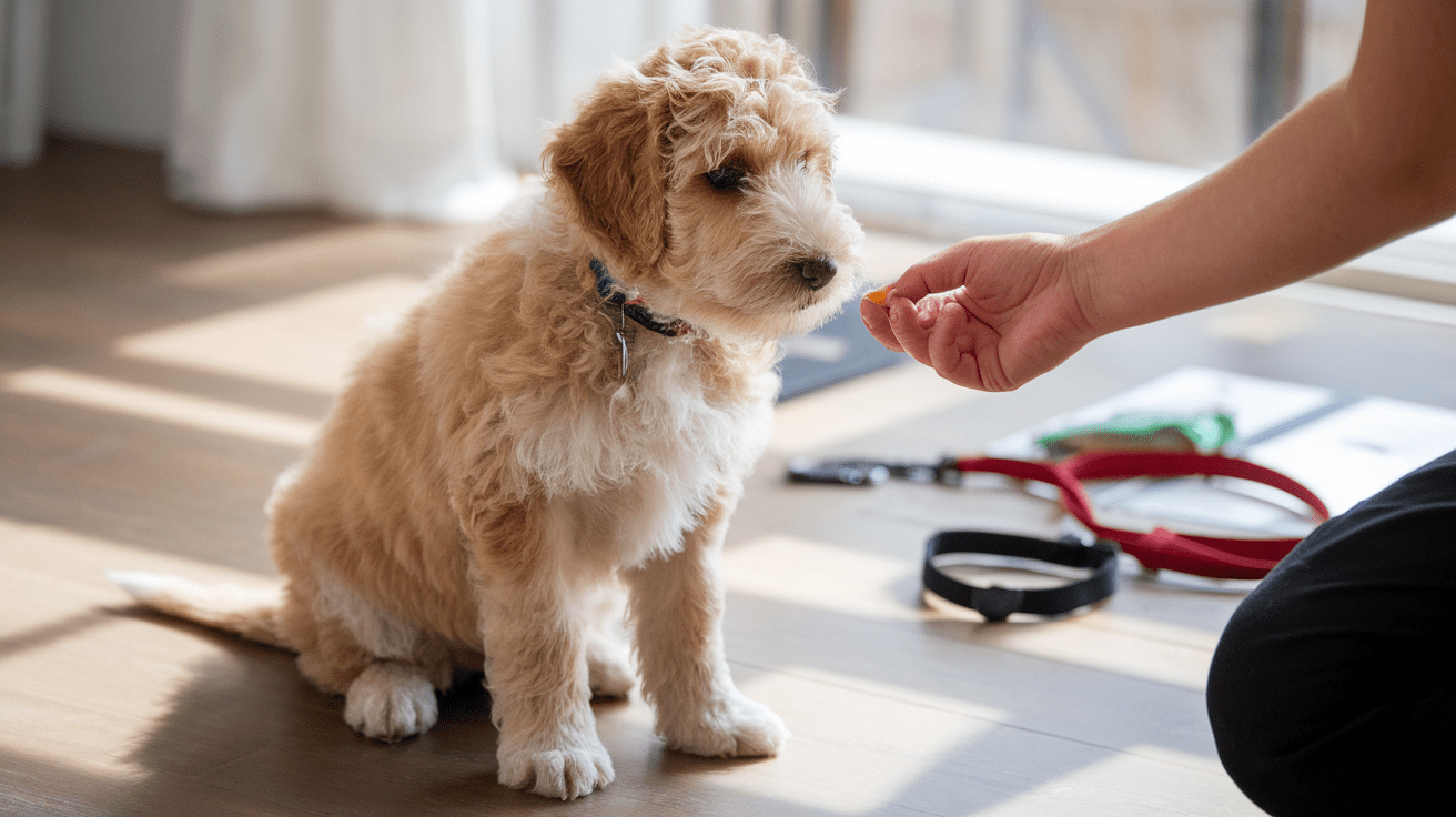How to train a labradoodle puppy: A young labradoodle puppy learning basic commands with training supplies nearby