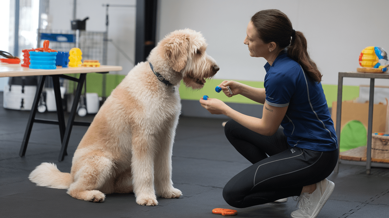 Dog trainer teaching sit command to Labradoodle puppy using treat lure method