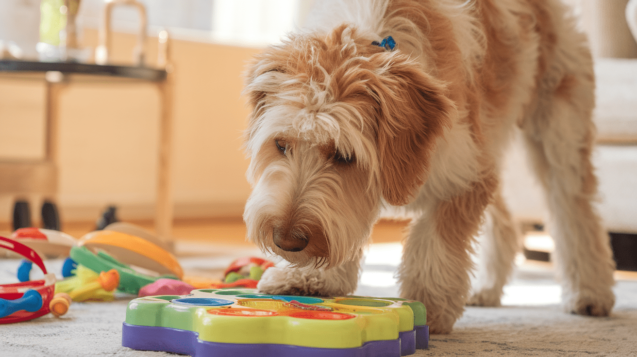 Labradoodle solving a puzzle toy during advanced training