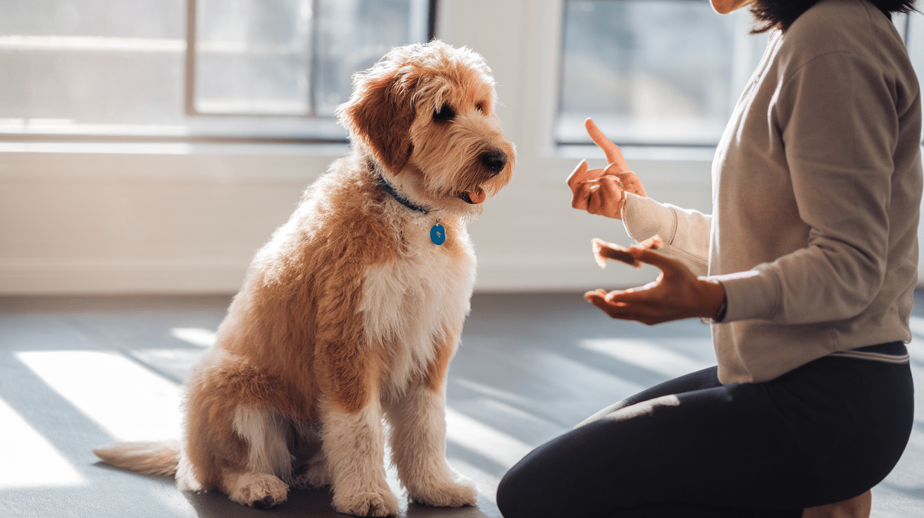 Professional trainer teaching basic commands to an attentive Labradoodle puppy