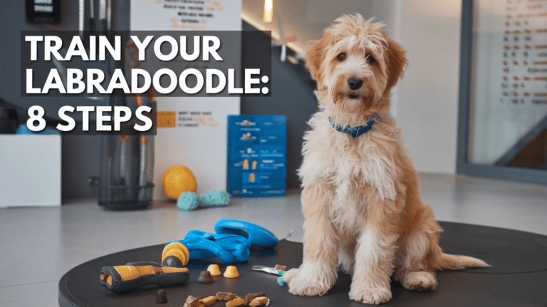 Cream-colored Labradoodle puppy in training room with training text overlay