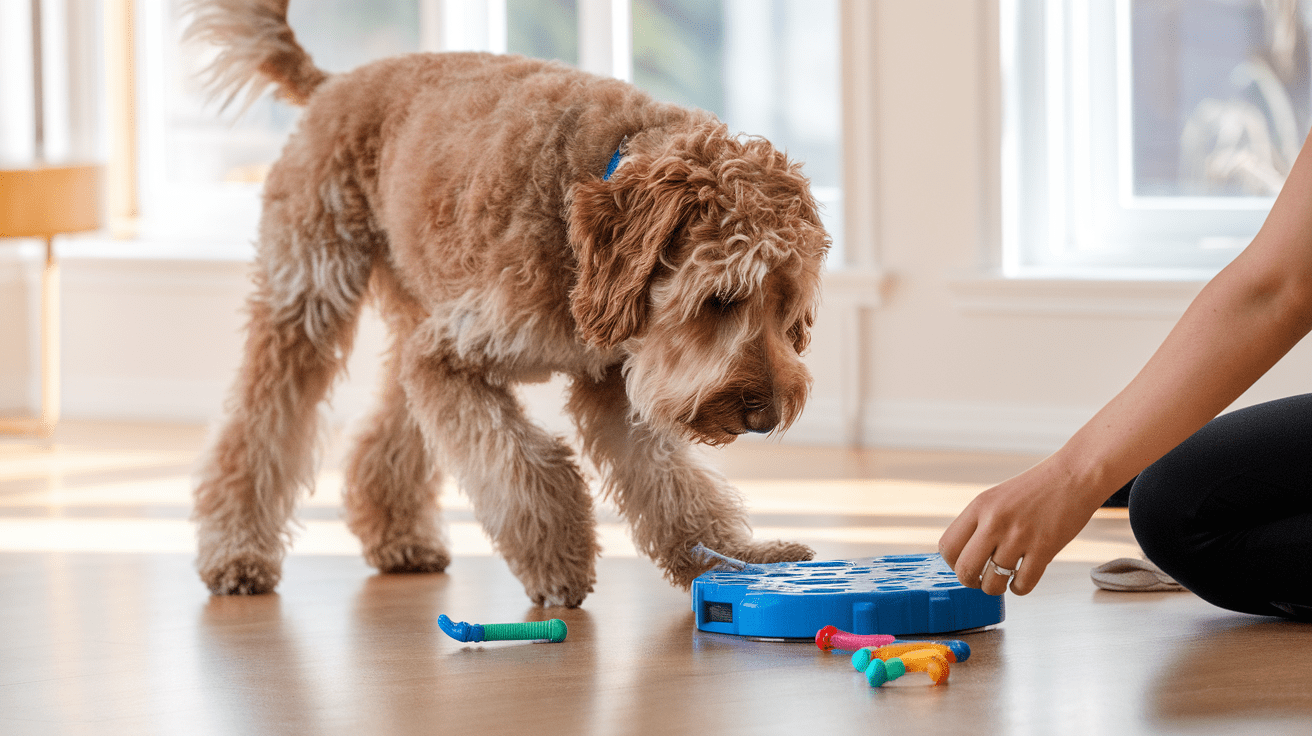 Labradoodle training: A curly-haired Labradoodle working with puzzle toys and training tools in a home setting