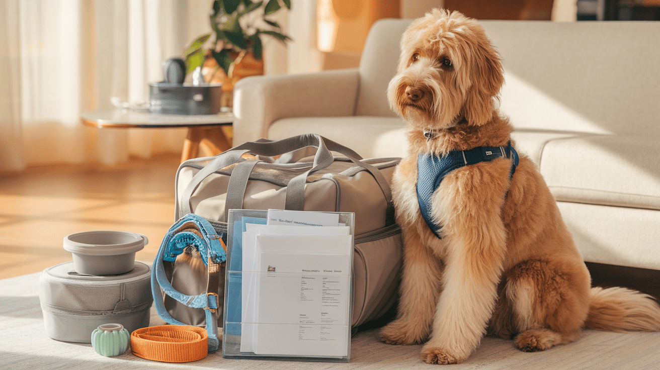 Travel with Labradoodle - A prepared Labradoodle sitting next to packed pet travel essentials
