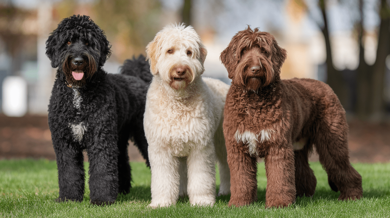 Three F1 Labradoodles standing side by side, showing different coat types, sizes, and colors