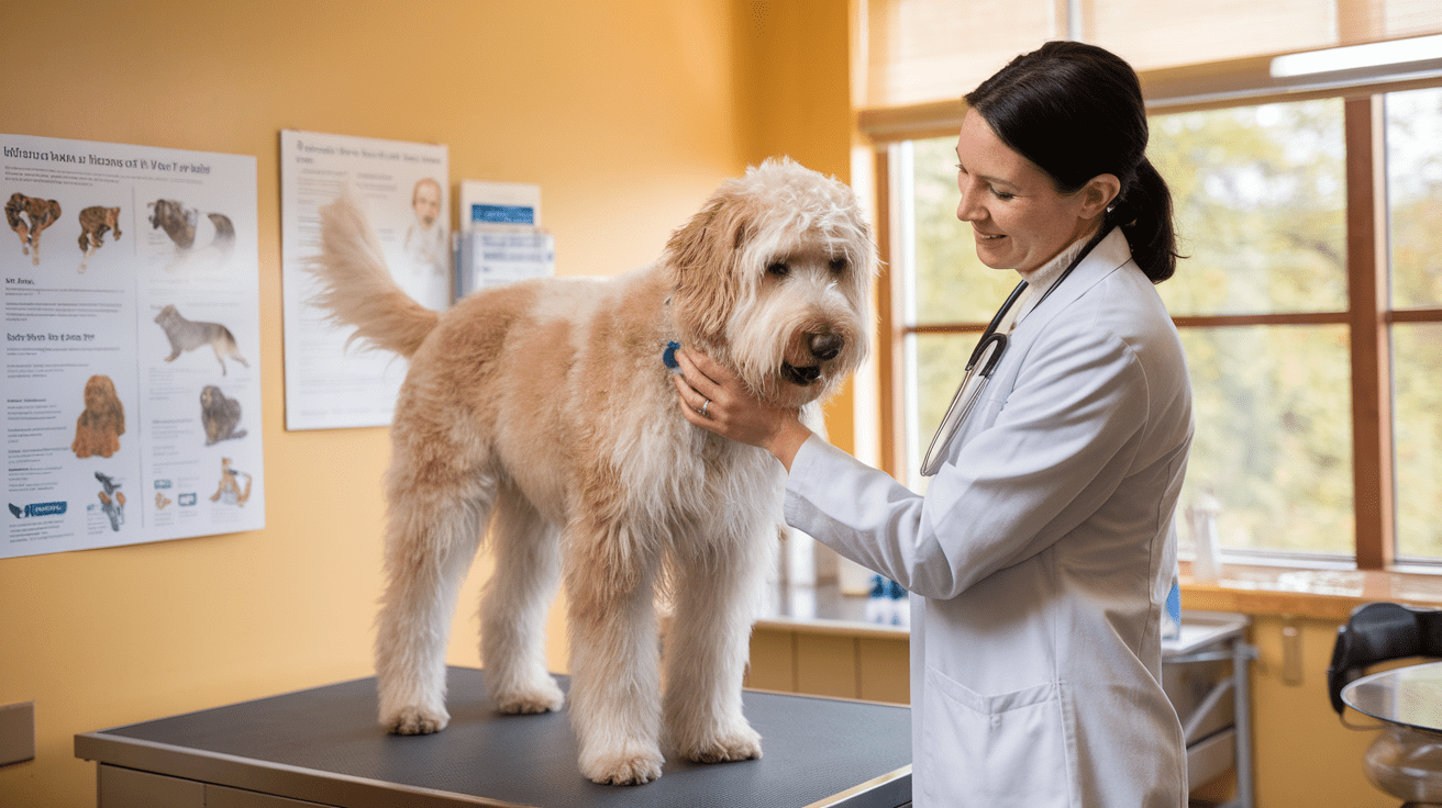 Veterinarian examining a Labradoodle on an examination table in a medical clinic