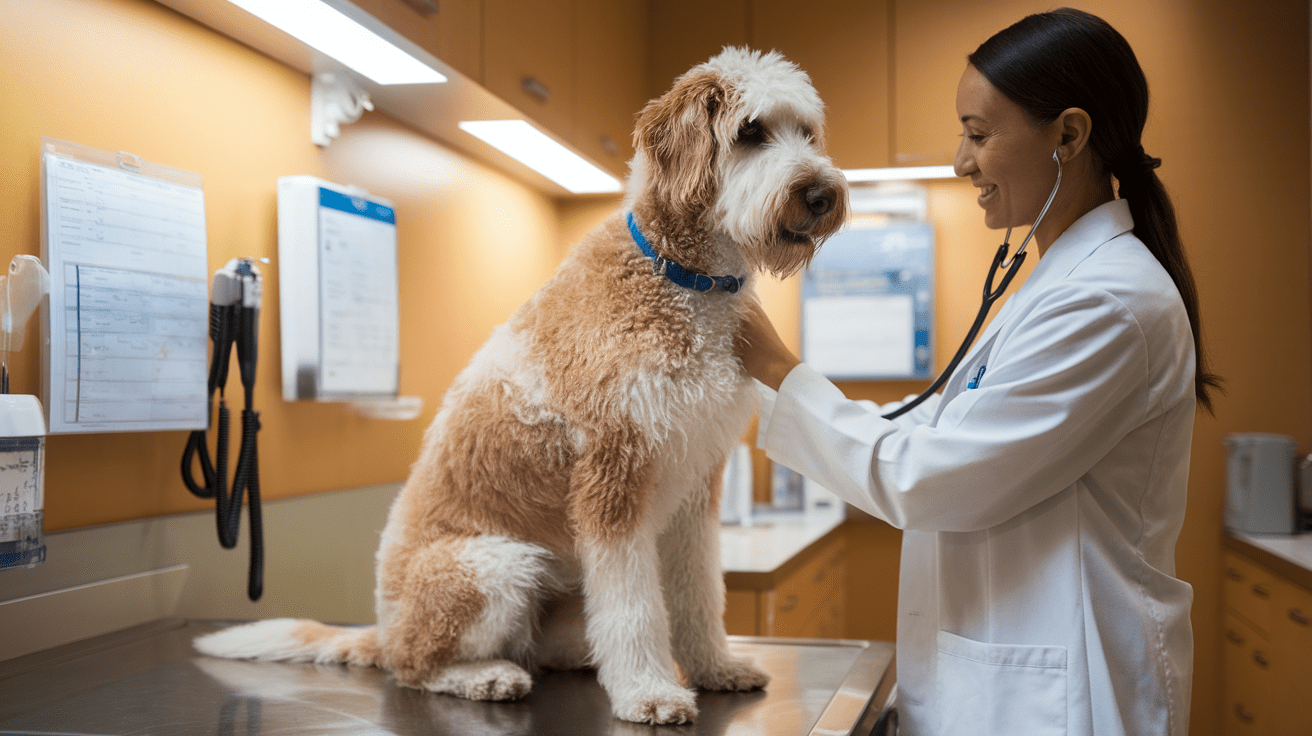 Veterinarian performing a wellness check-up on a Labradoodle in a modern clinic