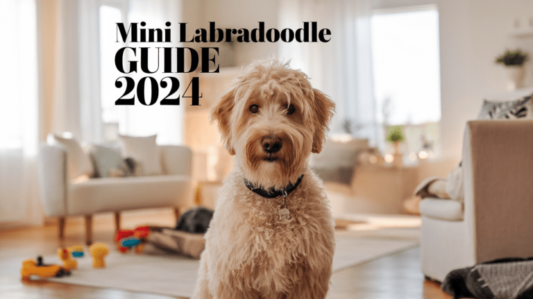 Miniature Labradoodle sitting in bright living room with text overlay about 2024 guide