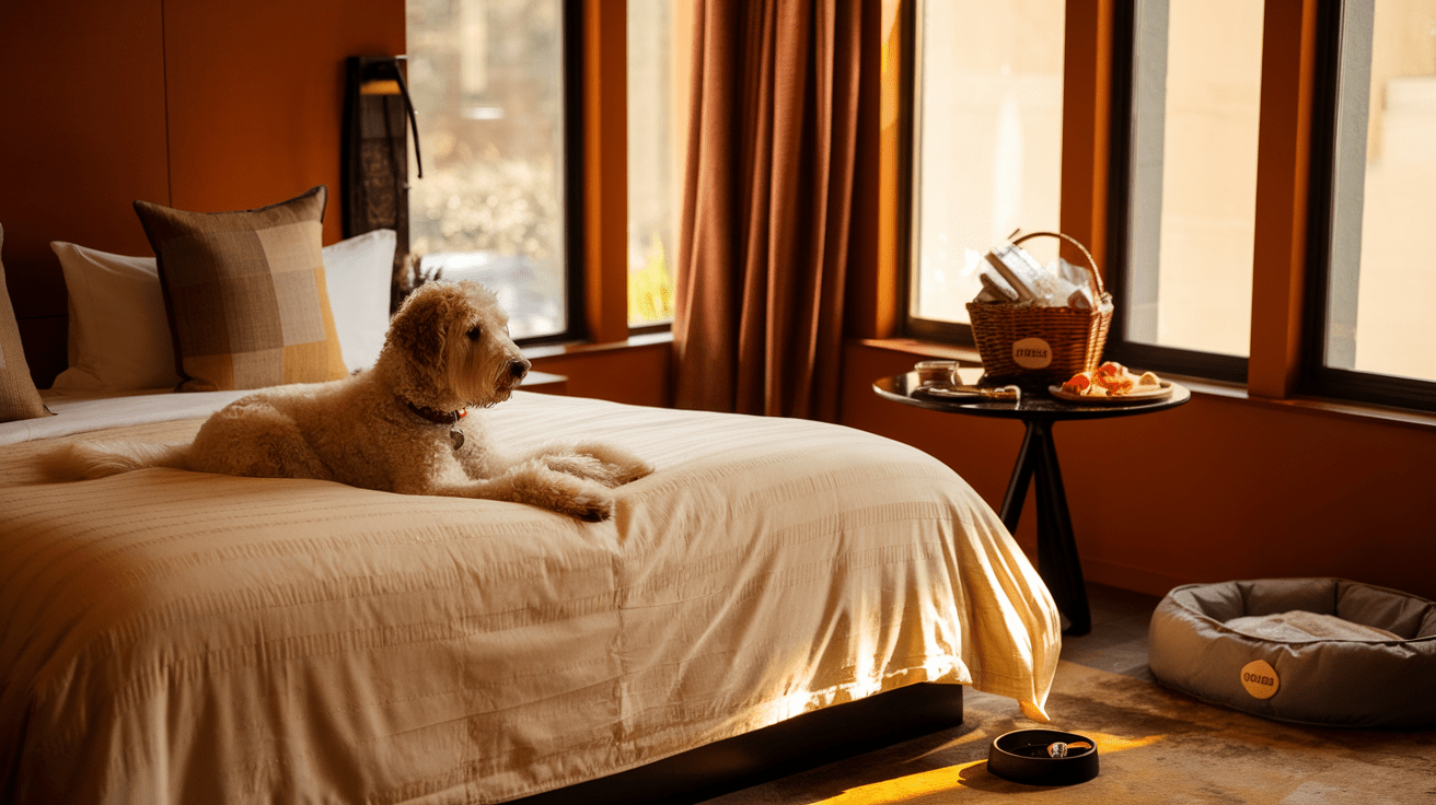 Labradoodle resting on hotel bed next to pet welcome basket