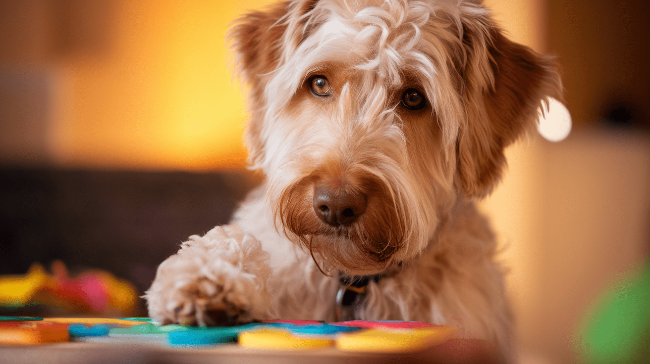 Labradoodle dog solving a puzzle toy, displaying focused intelligence