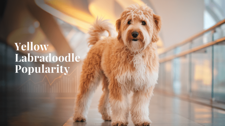 A yellow Labradoodle standing in bright setting with text about popularity growth