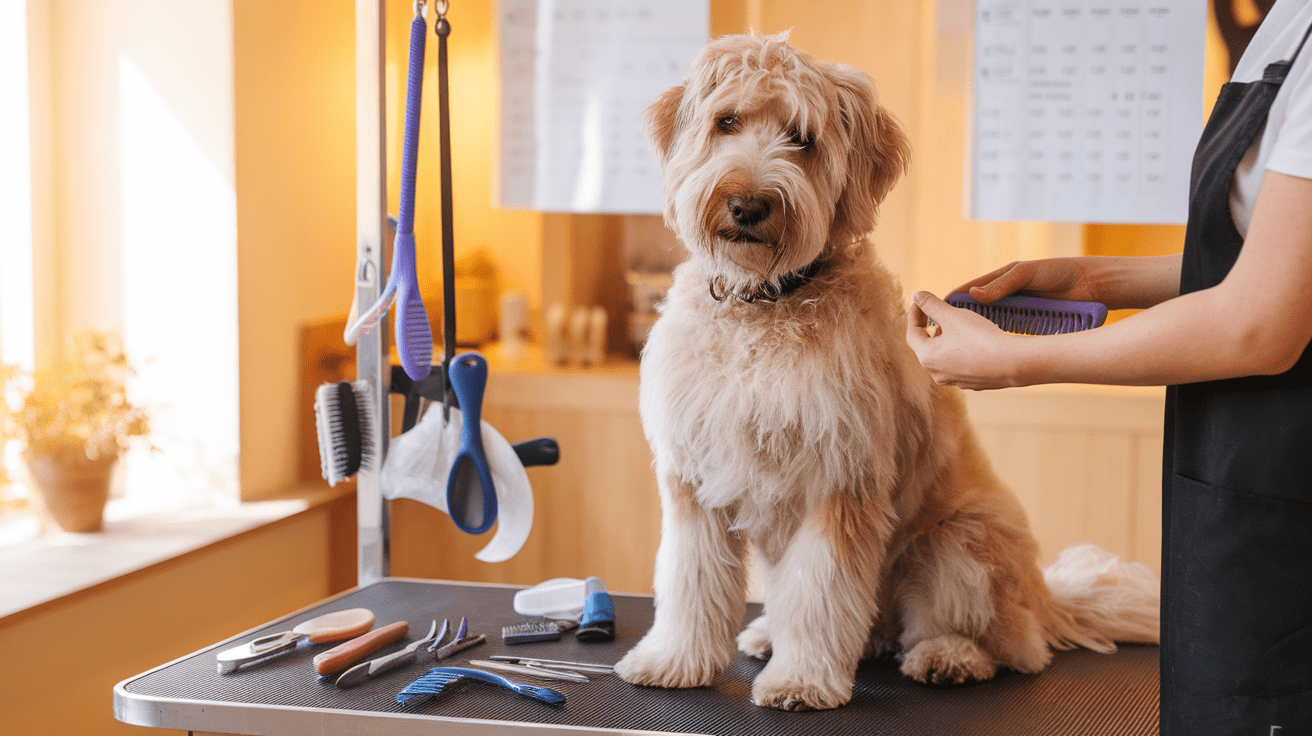 Are Labradoodles high maintenance - A Labradoodle receiving professional grooming care with various grooming tools displayed