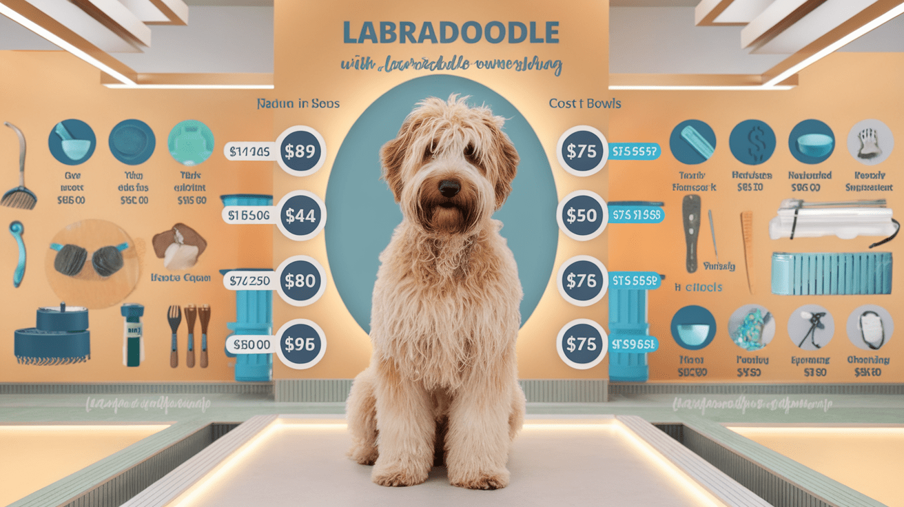 Infographic showing various costs associated with Labradoodle ownership, including grooming, training, and food expenses
